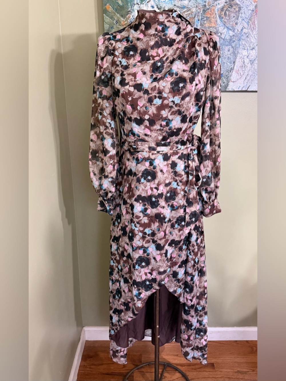 Express Floral High-Low Midi Dress in Pink, Brown and Teal